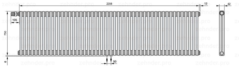 Схема (чертеж) Радиатор Zehnder Charleston 2075/48 №V007 Белый глянцевый RAL 9016